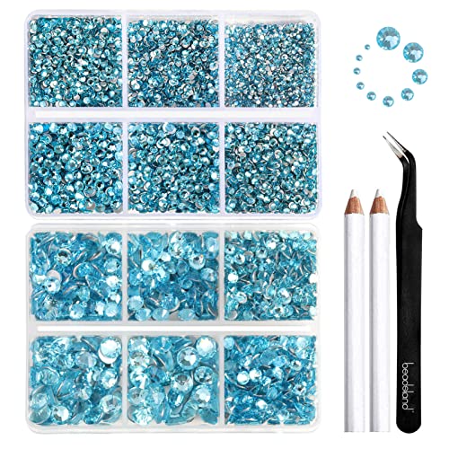 Beadsland 8300 Stück flache Rückseite Strasssteine,Blau Strass Nagelsteine Runde Kristall Strasssteine für Handwerk,gemischt 10 Größen mit Wachsstift und Pinzette Kit,SS3-SS30,Aquamarin von BEADSLAND