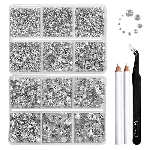 Beadsland 8300 Stück flache Rückseite Strasssteine,Klare Strass Nagelsteine Runde Kristall Strasssteine für Handwerk,gemischt 10 Größen mit Wachsstift und Pinzette Kit,SS3-SS30,Kristall Weiss von BEADSLAND