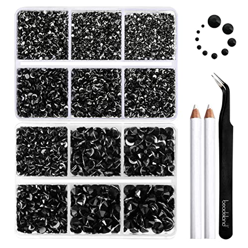 Beadsland 8300 Stück flache Rückseite Strasssteine,Schwarz Strass Nagelsteine Runde Kristall Strasssteine für Handwerk,gemischt 10 Größen mit Wachsstift und Pinzette Kit,SS3-SS30,Schwarz von BEADSLAND