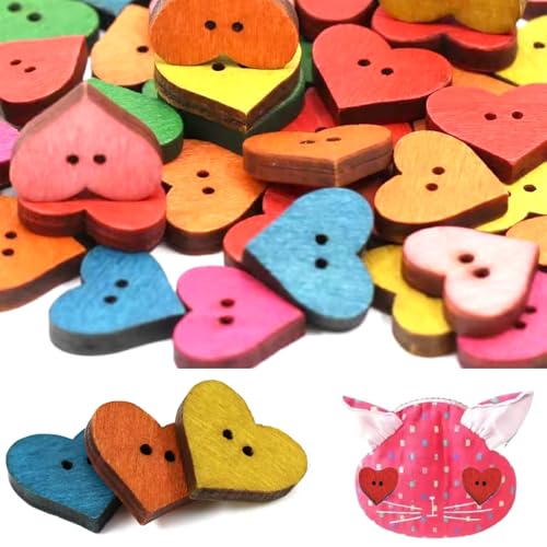 100 pcs herzförmige Knöpfe Holznähte Knöpfe für Kleidung Doppelloch Herzknöpfe süße Knöpfe Kinder bemalten Cartoon Knopf DIY-Kleidungszubehör, herzförmige Knöpfe von BEAHING