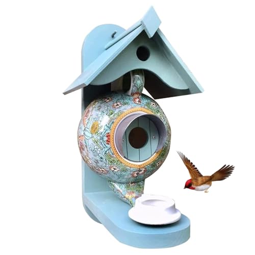 BEAHING Hanging Vogelhaus und Feeder Dekorative Teekanne Holz Keramik Vogel Tisch Cyan mit wasserdicht von BEAHING