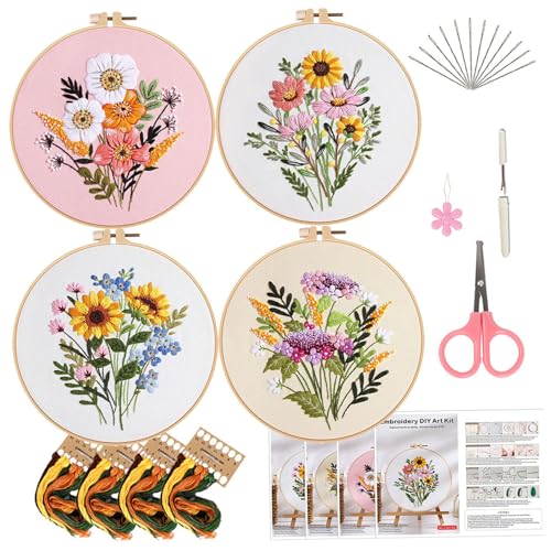 BEAHING Punch -Stitching -Kit, 4pcs/Set Stickerei Kit 8 Zoll Durchmesser Blumen -Punch -Nadel -Kit mit Stickgeräten -Hoop -Punch -Stitching -Kit Lustige DIY Punch Sticke für Anfänger Erwachsene von BEAHING