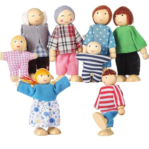 BEAHING Puppenfamilie Set, Puppenhaus People Familie von 8 Holzfiguren Set süße Leute Figuren für Mädchen Jungen Puppenhauszubehör festgelegt von BEAHING