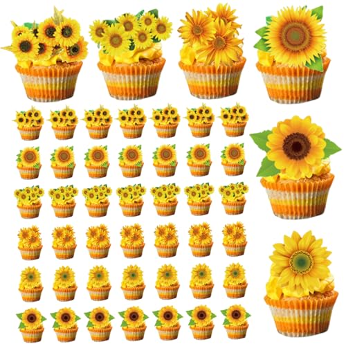 BEAHING Sunflower Cupcake Toppers, Cupcake Toppers, 48pcs 6 Styles Sonnenblumenkuchen -Topper, einfach zu bedienende Geburtstags -Cupcake -Topper für Themen Bithday School Party von BEAHING