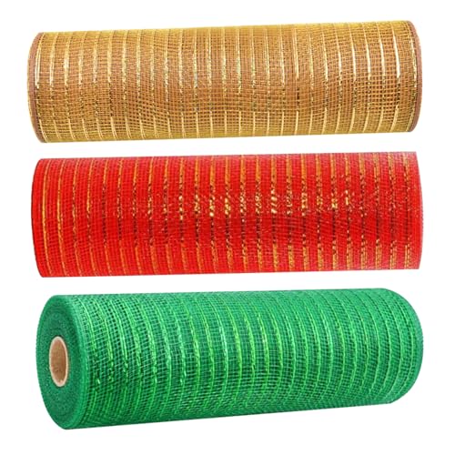 BEAHING Weihnachtsgitterbrötchen 3Rolls 10,2 Zoll 10yards Dekoratives Netzband für Kranz Machen Metallic Christmas Ribbon für Handwerkskleinwäsche Dekorationen, Mesh Roll, Style11 von BEAHING