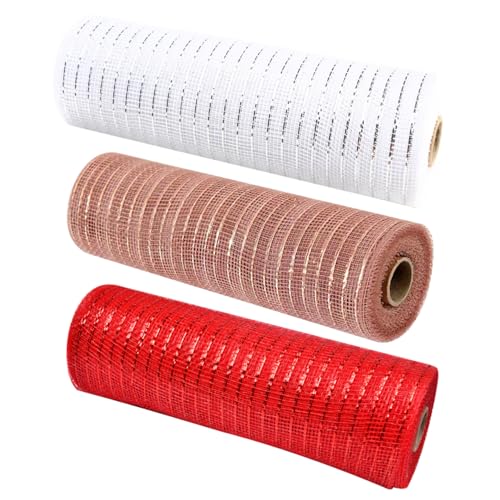 BEAHING Weihnachtsnetzbrötchen 3Rolls 10,2 Zoll 10yards Dekoratives Netzband für Kranz Machen Metallic Christmas Ribbon für Handwerkskleinwäsche Dekorationen, Mesh Roll, Style2 von BEAHING