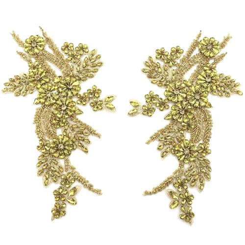 Gold -Applikationen Verzierungen, 1Pair Gold Strsestone Applikation 11,8x6,7 Zoll Gold Applizes Verzierungen DIY -Kleider Abschlussball glänzender Gold Applikation für Frauen mit Hochzeitskleiderzube von BEAHING