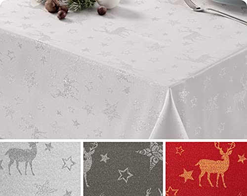 Lurex Nordpol Elch Tischdecke, Silber oder Gold glänzend, Weihnachtstischdecke Tischläufer, Größe und Farbe wählbar (Eckig 130x160 cm, Weiß-Silber) von BEAUTEX