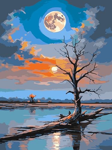 BEAYIOU Mond Malen nach Zahlen für Erwachsene - DIY Landschaft Malen nach Zahlen für Erwachsene Leinwand Einfach -SeebLick Acrylfarbe Basteln für Wohnkultur 12X16 Zoll von BEAYIOU