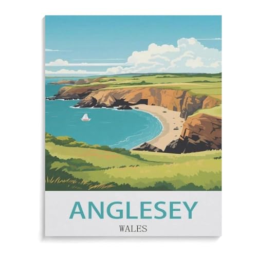 BEAYODKP DIY Malen nach Zahlen，Anglesey Wales Vintages Reiseplakat，diy malen nach zahlen erwachsene landsch Mit Pinsel und Acrylfarbe Erwachsenenfarbe nach Zahlen Kits Kunst（20x30cm）-J34 von BEAYODKP