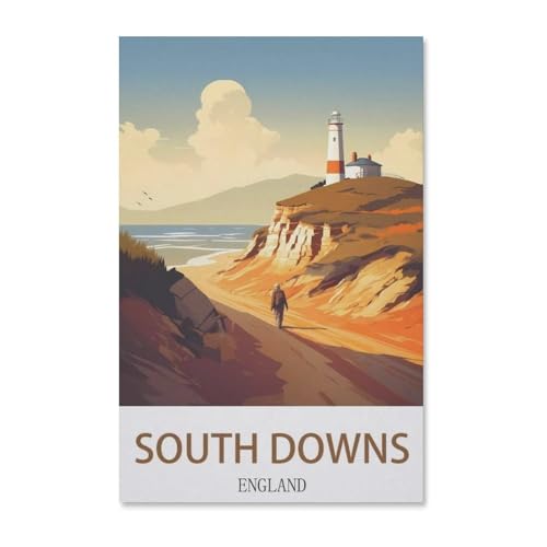 BEAYODKP DIY Malen nach Zahlen，South Downs Vintage Reiseplakat England，diy malen nach zahlen erwachsene landsch Mit Pinsel und Acrylfarbe Erwachsenenfarbe nach Zahlen Kits Kunst（20x30cm）-H54 von BEAYODKP