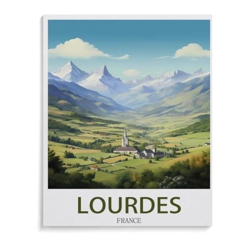 BEAYODKP DIY Malen nach Zahlen，Vintage-Reiseplakat Lourdes Frankreich，diy malen nach zahlen erwachsene landsch Mit Pinsel und Acrylfarbe Erwachsenenfarbe nach Zahlen Kits Kunst（50x60cm）-I74 von BEAYODKP