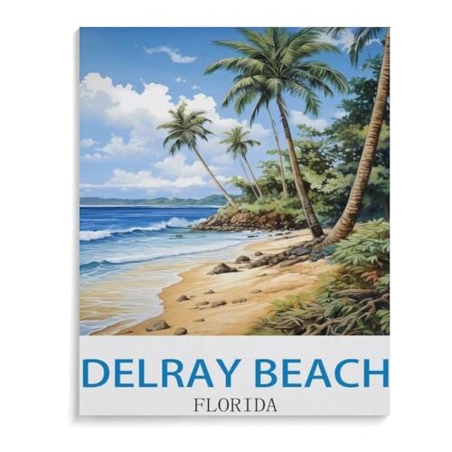 BEAYODKP DIY Malen nach Zahlen，Vintages Reiseplakat Delray Beach Florida，diy malen nach zahlen erwachsene landsch Mit Pinsel und Acrylfarbe Erwachsenenfarbe nach Zahlen Kits Kunst（20x30cm）-J74 von BEAYODKP