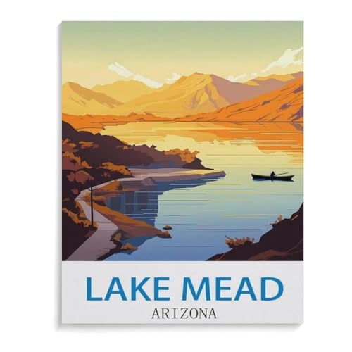 BEAYODKP DIY Malen nach Zahlen，Vintages Reiseplakat Lake Mead Arizona，diy malen nach zahlen erwachsene landsch Mit Pinsel und Acrylfarbe Erwachsenenfarbe nach Zahlen Kits Kunst（30x40cm）-J94 von BEAYODKP