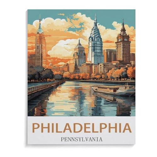 BEAYODKP DIY Malen nach Zahlen，Vintages Reiseplakat Philadelphias, Pennsylvania，diy malen nach zahlen erwachsene landsch Mit Pinsel und Acrylfarbe Erwachsenenfarbe nach Zahlen Kits Kunst（30x40cm）-I94 von BEAYODKP