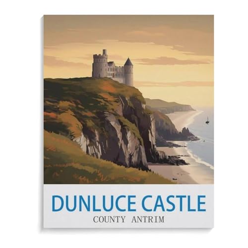 BEAYODKP Dunluce Castle County Antrim Vintage Reiseplakat，Malen nach Zahlen Set für Erwachsene Kinder Anfänger selber auf Leinwand malen nach Zahlen zur Heimdekoration（50x60cm）-J40 von BEAYODKP