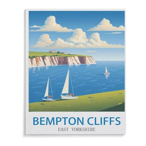 BEAYODKP Malen Nach Zahlen Erwachsene，Bempton Cliffs East Yorkshire Vintage Reiseplakat，DIY Handgemalt Ölgemälde Kit für Anfänger und Erwachsene,kreatives Geschenk, Home Deko（30x40cm）-J41 von BEAYODKP