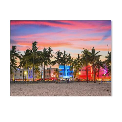 BEAYODKP Malen Nach Zahlen Erwachsene,Ocean Drive im Sonnenuntergang, Miami Beach, Florida, USA,DIY Handgemalt Ölgemälde Kit für Anfänger und Erwachsene,kreatives Geschenk, Home Deko（50x60cm）-601 von BEAYODKP