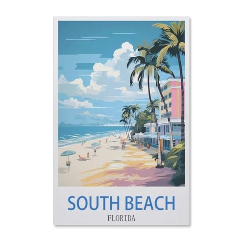 BEAYODKP Malen Nach Zahlen Erwachsene，Vintages Reiseplakat South Beach Florida，DIY Handgemalt Ölgemälde Kit für Anfänger und Erwachsene,kreatives Geschenk, Home Deko（50x60cm）-G1 von BEAYODKP