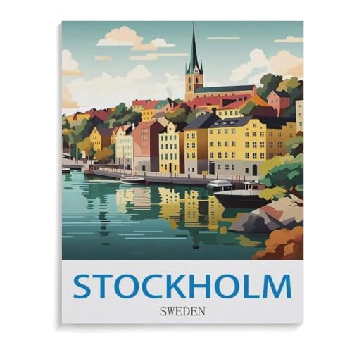 BEAYODKP Malen Nach Zahlen Erwachsene，Vintages Reiseplakat Stockholms Schweden，DIY Handgemalt Ölgemälde Kit für Anfänger und Erwachsene,kreatives Geschenk, Home Deko（40x50cm） 15.7x19.6 Zoll-A41 von BEAYODKP