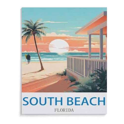 BEAYODKP Malen Nach Zahlen Erwachsene und Kinder,South Beach Florida Poster,DIY Malen Nach Zahlen, mit Pinseln Malerei Kits Erwachsene Kunsthandwerk für Zuhause(40x50cm-M23 von BEAYODKP