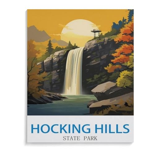 BEAYODKP Malen nach Zahlen,Hocking Hills State Park Vintage Reiseplakat,diy malen nach zahlen erwachsene landsch Mit Pinsel und Acrylfarbe Kits Theme Digital Home Wall Artwork(20x30cm-M6 von BEAYODKP