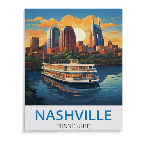 BEAYODKP Malen nach Zahlen，Vintages Reiseplakat Nashvilles Tennessee，diy malen nach zahlen erwachsene landsch Mit Pinsel und Acrylfarbe Kits Theme Digital Home Wall Artwork（30x40cm）-J6 von BEAYODKP