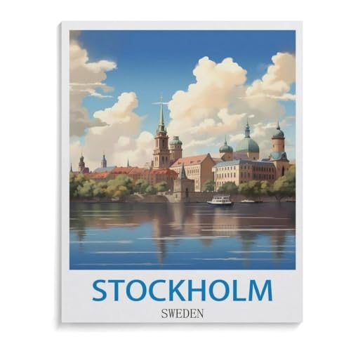 BEAYODKP Malen nach Zahlen，Vintages Reiseplakat Stockholms Schweden，Kit für Erwachsene Kinder Anfänger DIY Leinwand Malen nach Zahlen für Kein Rahmen（30x40cm） 11.8x15.7 Zoll-A44 von BEAYODKP