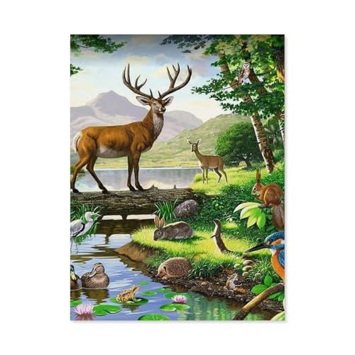 BEAYODKP Malen nach Zahlen Kits，Elch Hirsch Hase Fluss Wald Tiere，DIY Acrylmalerei nach Zahlen für Kinder & Erwachsene & Anfänger（50x60cm） 19.6x23.6 pouces-E10 von BEAYODKP