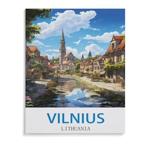 BEAYODKP Malen nach Zahlen Kits，Vintages Reiseplakat Vilnius Litauen，DIY Acrylmalerei nach Zahlen für Kinder & Erwachsene & Anfänger（50x60cm）-I70 von BEAYODKP