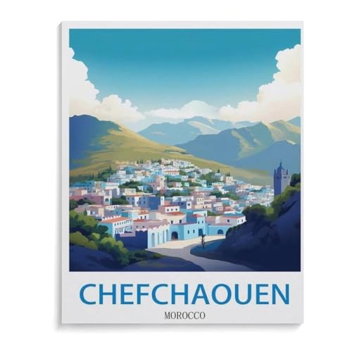 BEAYODKP Malen nach Zahlen Kits für Erwachsene und Kinder，Chefchaouen Vintages marokkanisches Reiseplakat，DIY Digitales Ölgemälde Geschenk-Kits Vorgedruckte Leinwand Kunst Dekoration（50x60cm）-J51 von BEAYODKP