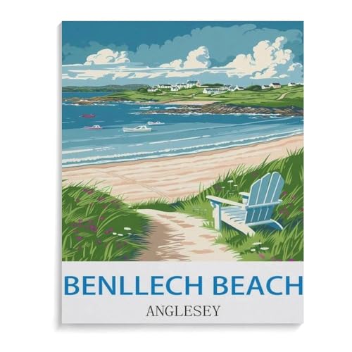 BEAYODKP Malen nach Zahlen Kits für Erwachsene und Kinder，Vintages Reiseplakat Benllech Beach Anglesey，DIY Digitales Ölgemälde Geschenk-Kits Vorgedruckte Leinwand Kunst Dekoration（20x30cm）-J71 von BEAYODKP