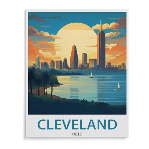 BEAYODKP Malen nach Zahlen Kits für Erwachsene und Kinder，Vintages Reiseplakat Clevelands Ohio，DIY Digitales Ölgemälde Geschenk-Kits Vorgedruckte Leinwand Kunst Dekoration（50x60cm）-J11 von BEAYODKP