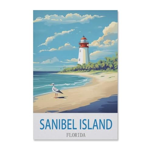 BEAYODKP Malen nach Zahlen Kits für Erwachsene und Kinder，Vintages Reiseplakat Sanibel Island Florida，DIY Digitales Ölgemälde Geschenk-Kits Vorgedruckte Leinwand Kunst Dekoration（20x30cm）-F71 von BEAYODKP