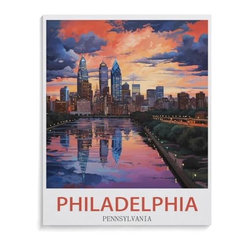 BEAYODKP Malen nach Zahlen für Erwachsene Kinder，Vintages Reiseplakat Philadelphias, Pennsylvania，DIY Ölgemälde Digitales Malen nach Zahlen Kits auf Leinwand Dekoration Geschenk（50x60cm）-J15 von BEAYODKP