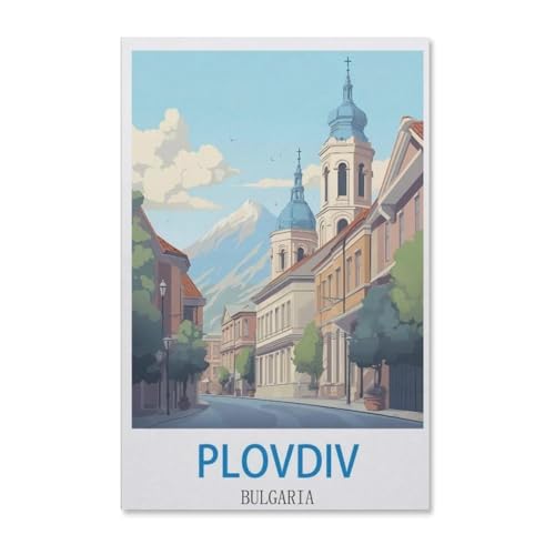 BEAYODKP Malen nach Zahlen für Erwachsene Kinder，Vintages Reiseplakat Plovdiv Bulgarien，DIY Ölgemälde Digitales Malen nach Zahlen Kits auf Leinwand Dekoration Geschenk（50x60cm）-F35 von BEAYODKP