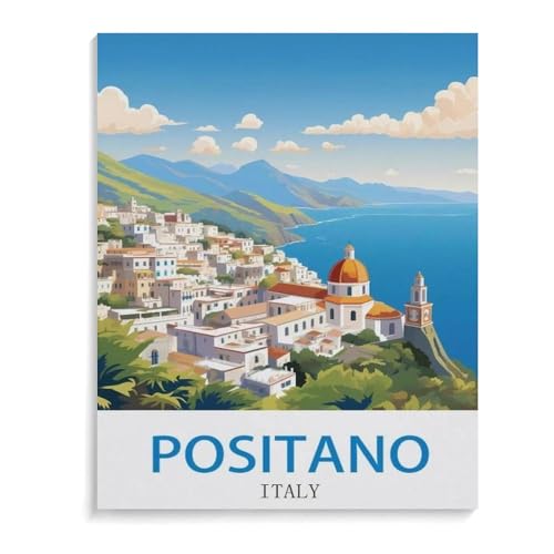 BEAYODKP Malen nach Zahlen für Erwachsene Kinder，Vintages Reiseplakat Positano Italien，DIY Ölgemälde Digitales Malen nach Zahlen Kits auf Leinwand Dekoration Geschenk（30x40cm）-I75 von BEAYODKP