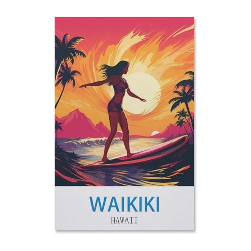 BEAYODKP Malen nach Zahlen für Erwachsene Kinder，Vintages Reiseplakat Waikiki Hawaii，DIY Ölgemälde Digitales Malen nach Zahlen Kits auf Leinwand Dekoration Geschenk（20x30cm）-G95 von BEAYODKP