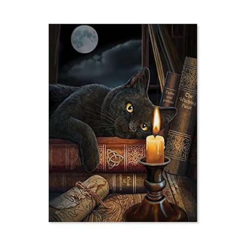 BEAYODKP Schwarz Katze Buch Kerze Licht Tiere，DIY Malen Nach Zahlen-Vorgedruckt Leinwand-Ölgemälde Geschenk für Erwachsene Kinder Kits Home Haus Dekor（50x60cm） 19.6x23.6 pouces-D79 von BEAYODKP