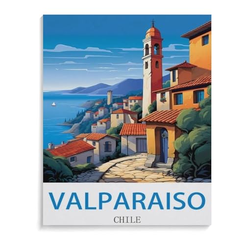 BEAYODKP Valparaiso Vintages Reiseplakat Chile，DIY Malen Nach Zahlen-Vorgedruckt Leinwand-Ölgemälde Geschenk für Erwachsene Kinder Kits Home Haus Dekor（20x30cm） 7.8x11.8 Zoll-C96 von BEAYODKP