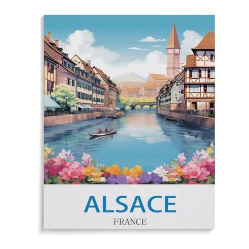 BEAYODKP Vintage-Reiseplakat Elsass Frankreich，nach Zahlen für Erwachsene, DIY-Malen-nach-Zahlen-Kits für Kinder, Anfänger, Rahmenlose Leinwand（30x40cm）-I78 von BEAYODKP