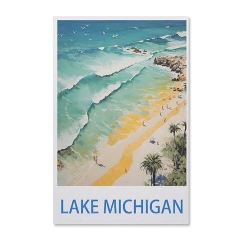 BEAYODKP Vintage Reiseplakate zum Lake Michigan，DIY Malen Nach Zahlen-Vorgedruckt Leinwand-Ölgemälde Geschenk für Erwachsene Kinder Kits Home Haus Dekor（50x60cm）-G36 von BEAYODKP