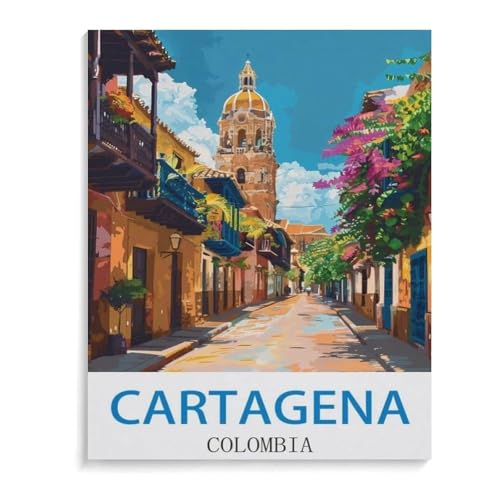 BEAYODKP nach Zahlen für Erwachsene，Cartagena Kolumbien Vintages Reiseplakat，DIY Ölgemälde Kits Malen nach Zahlen Zeichnen auf Leinwand Kunst Wohnkultur Geschenke（50x60cm）-I48 von BEAYODKP