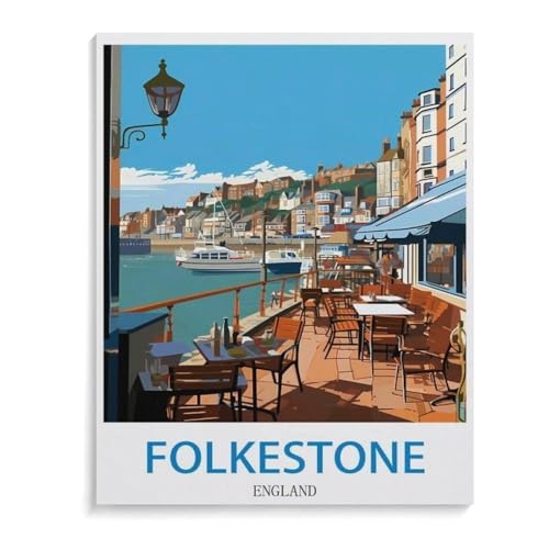 BEAYODKP nach Zahlen für Erwachsene，Vintages Reiseplakat Folkestone England，DIY Ölgemälde Kits Malen nach Zahlen Zeichnen auf Leinwand Kunst Wohnkultur Geschenke（40x50cm）-J8 von BEAYODKP