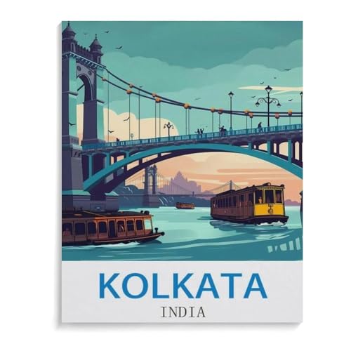 Malen Nach Zahlen Erwachsene，Vintages Reiseplakat Kolkata Indien，Malen Nach Zahlen Mit Pinseln und Acrylfarbe,DIY Set Basteln Erwachsene mit Pinseln und Acrylfarben für Home Decor（30x40cm）-I47 von BEAYODKP