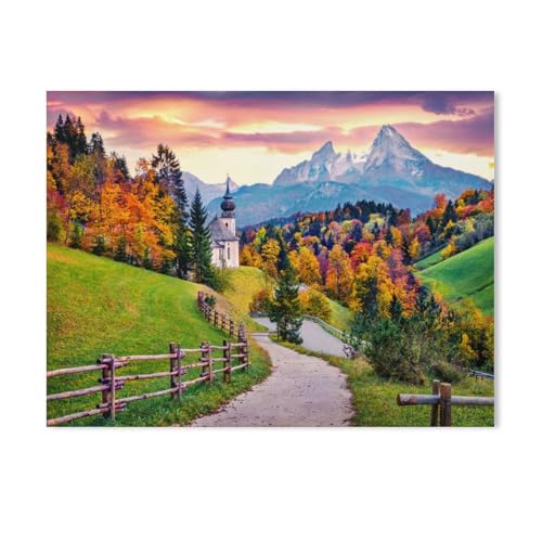 nach Zahlen für Erwachsene,Pfad durch den Herbst-Wald zur Kirche Maria Gern vor dem Watzmann-Massiv im Abendrot, DIY Ölgemälde Kits Malen nach Zahlen Zeichnen auf Leinwand Kunst Wohnkultur （30x40cm） von BEAYODKP