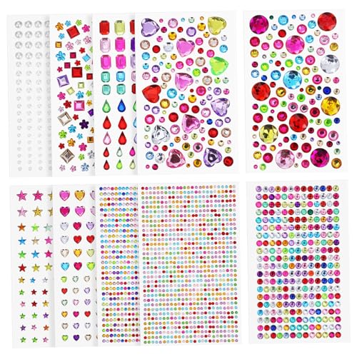 BEBEMOKO 10 Bögen selbstklebende Edelstein-Aufkleber, Strass-Glitzer-Aufkleber zum Basteln, DIY-Projekte, Scrapbooking, Basteln und Verzierungen, verschiedene Farben und Formen von BEBEMOKO