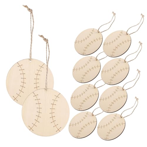 BEBEMOKO 10 Stück Holz Papierausschnitt Dekoration DIY Zum Aufhängen Baseball Ungefärbt Malerei Holzchip Sport Baseball Form Holzchips Sportball Form Holzchips Seil von BEBEMOKO