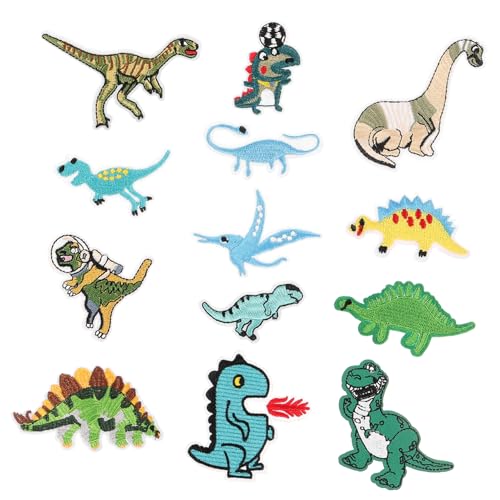 BEBEMOKO 13 Stück Dinosaurier bestickte Applikationen Patches Niedliche Cartoon Dino Patches für Kleidung, Taschen und Basteln, ideal für Dinosaurier-Party-Dekorationen und Geburtstagszubehör von BEBEMOKO