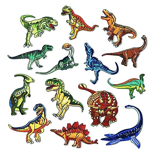 BEBEMOKO 14 Stück Dinosaurier Stickerei Bügelbilder Modische Stoffaufnäher Bekleidungszubehör Zum Aufbügeln Für Dekorative Kleidung Patches Für Shirts Und Jeans von BEBEMOKO